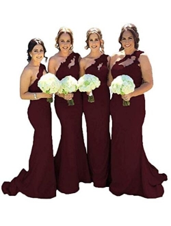 One Shoulder Bridesmaid Dresses Lace Satin Mermaid Evening Prom Dress