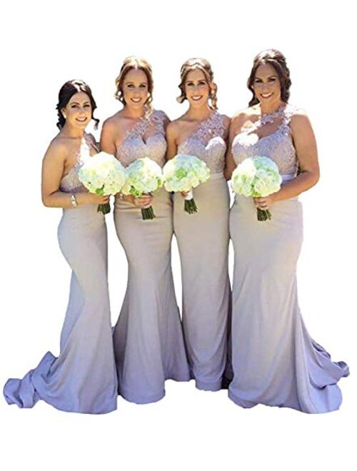 Gricharim One Shoulder Bridesmaid Dresses Lace Satin Mermaid Evening Prom Dress