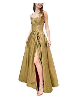 Glitter Prom Dresses Spaghetti Strap Side Split Evening Gown Formal Dress for Women