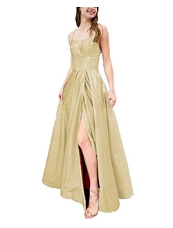 Glitter Prom Dresses Spaghetti Strap Side Split Evening Gown Formal Dress for Women