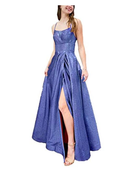 Gricharim Glitter Prom Dresses Spaghetti Strap Side Split Evening Gown Formal Dress for Women