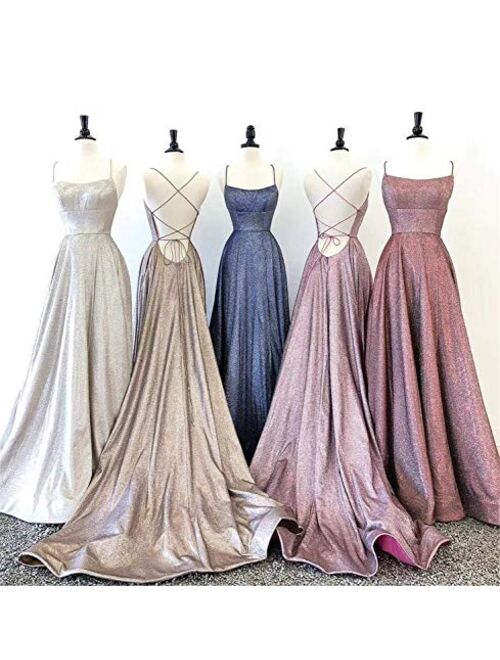 Gricharim Glitter Prom Dresses Spaghetti Strap Side Split Evening Gown Formal Dress for Women