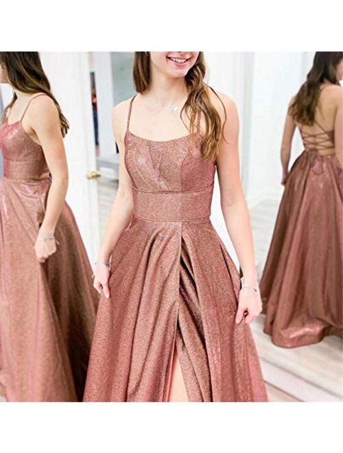 Gricharim Glitter Prom Dresses Spaghetti Strap Side Split Evening Gown Formal Dress for Women