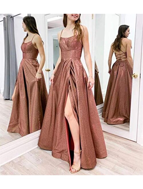 Gricharim Glitter Prom Dresses Spaghetti Strap Side Split Evening Gown Formal Dress for Women