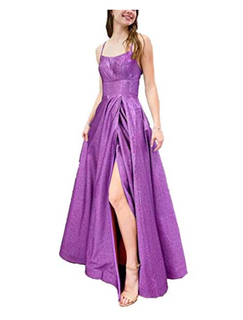 Gricharim Glitter Prom Dresses Spaghetti Strap Side Split Evening Gown Formal Dress for Women