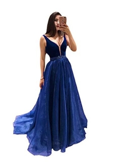 Women's Sexy V Neck Velvet Prom Dresses Long Beaded Evening Gowns