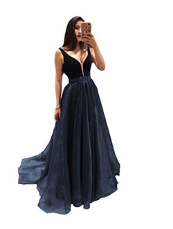 Women's Sexy V Neck Velvet Prom Dresses Long Beaded Evening Gowns