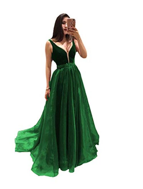 Gricharim Women's Sexy V Neck Velvet Prom Dresses Long Beaded Evening Gowns