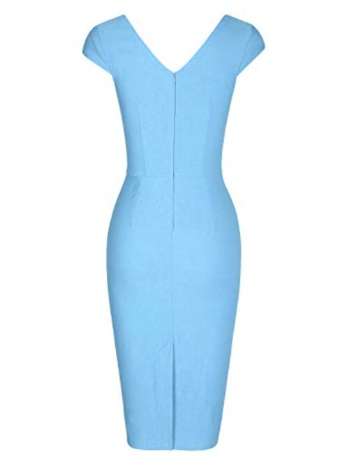 MUXXN Women's 1950's Vintage V Neck Ruched Sheath Formal Pencil Dress