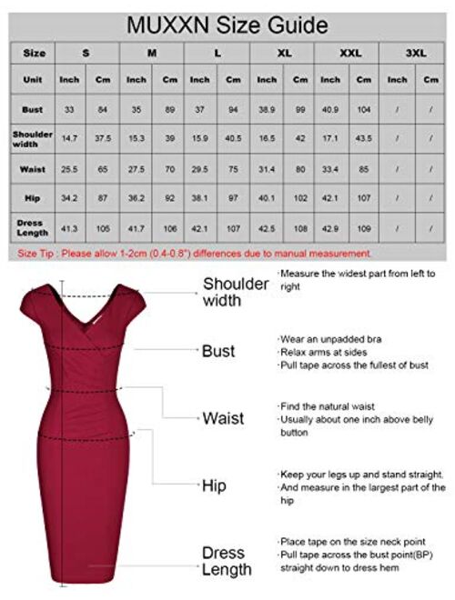 MUXXN Women's 1950's Vintage V Neck Ruched Sheath Formal Pencil Dress