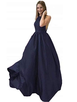 Women's Lace A Line Prom Dresses Satin Long Formal Party Gowns for Juniors