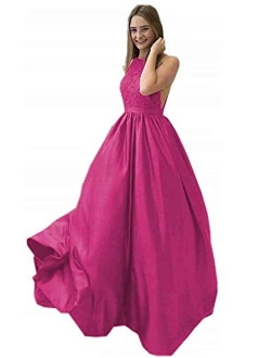 Women's Lace A Line Prom Dresses Satin Long Formal Party Gowns for Juniors