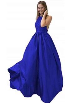 Women's Lace A Line Prom Dresses Satin Long Formal Party Gowns for Juniors