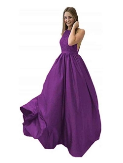 Women's Lace A Line Prom Dresses Satin Long Formal Party Gowns for Juniors