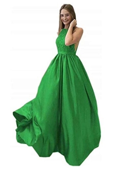 Women's Lace A Line Prom Dresses Satin Long Formal Party Gowns for Juniors