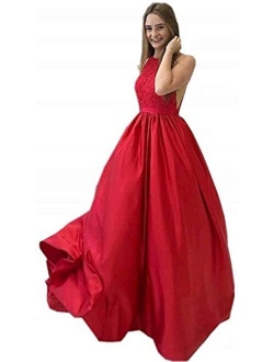 Women's Lace A Line Prom Dresses Satin Long Formal Party Gowns for Juniors