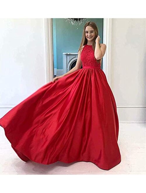 Gricharim Women's Lace A Line Prom Dresses Satin Long Formal Party Gowns for Juniors