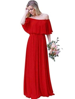 Women's Off The Shoulder Long Chiffon Bridesmaid Dresses A Line Wedding Guest Dress