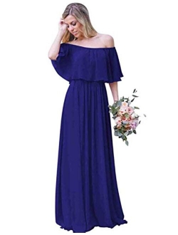 Women's Off The Shoulder Long Chiffon Bridesmaid Dresses A Line Wedding Guest Dress