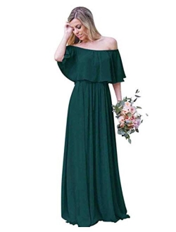 Women's Off The Shoulder Long Chiffon Bridesmaid Dresses A Line Wedding Guest Dress