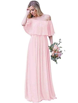 Women's Off The Shoulder Long Chiffon Bridesmaid Dresses A Line Wedding Guest Dress