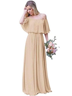 Women's Off The Shoulder Long Chiffon Bridesmaid Dresses A Line Wedding Guest Dress