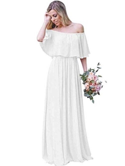 Women's Off The Shoulder Long Chiffon Bridesmaid Dresses A Line Wedding Guest Dress