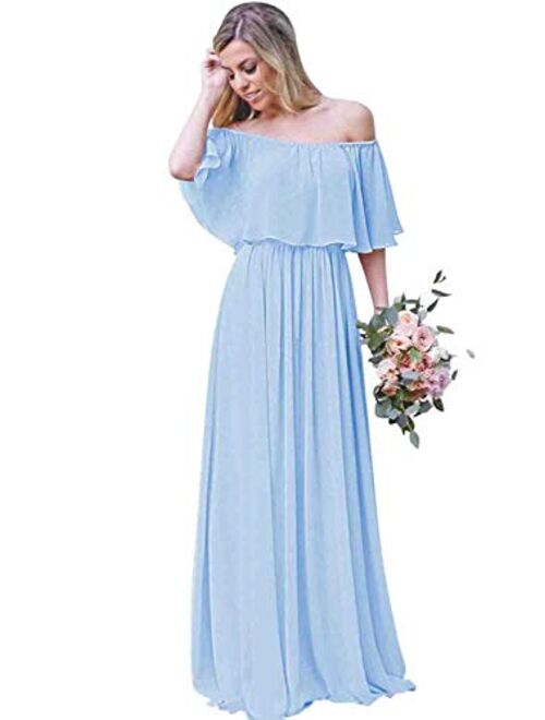 Gricharim Women's Off The Shoulder Long Chiffon Bridesmaid Dresses A Line Wedding Guest Dress