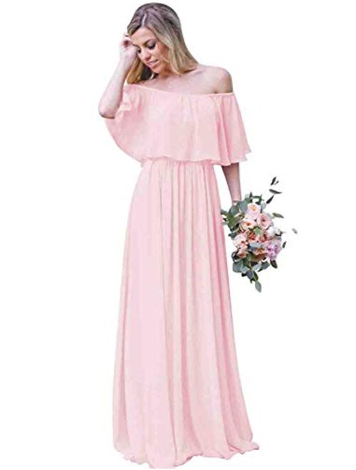 Gricharim Women's Off The Shoulder Long Chiffon Bridesmaid Dresses A Line Wedding Guest Dress