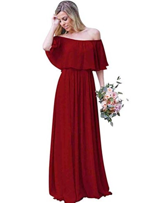 Gricharim Women's Off The Shoulder Long Chiffon Bridesmaid Dresses A Line Wedding Guest Dress