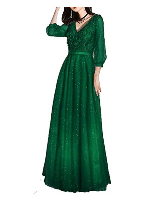 Gricharim Women's Long Sleeve 2020 Applique Lace Prom Dresses Tulle Shiny Long Evening Formal Gowns