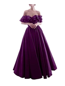 Off The Shoulder Satin Ruffles Prom Dresses Long Ball Gown Formal Evening Dress