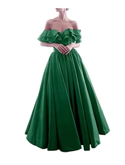 Off The Shoulder Satin Ruffles Prom Dresses Long Ball Gown Formal Evening Dress