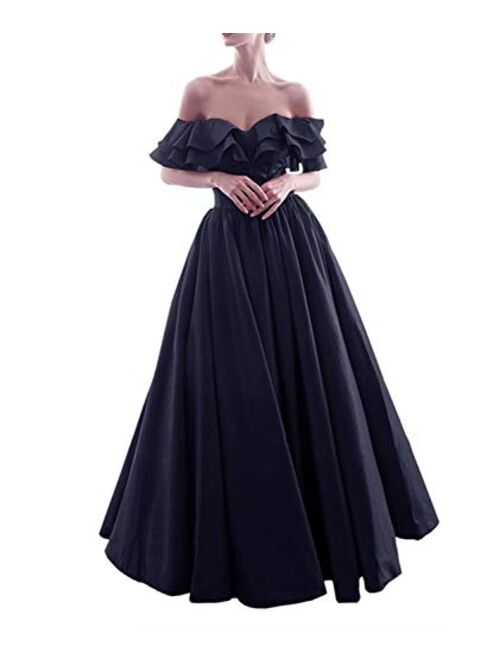 Gricharim Off The Shoulder Satin Ruffles Prom Dresses Long Ball Gown Formal Evening Dress