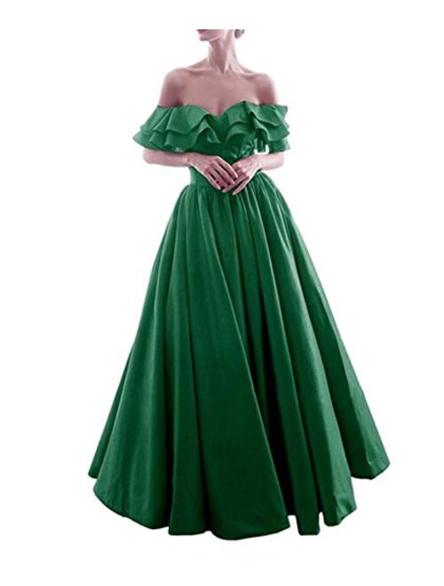 Gricharim Off The Shoulder Satin Ruffles Prom Dresses Long Ball Gown Formal Evening Dress