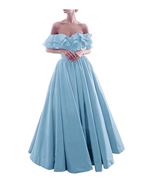 Gricharim Off The Shoulder Satin Ruffles Prom Dresses Long Ball Gown Formal Evening Dress