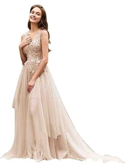 Women's V Neck Lace Appliques Ball Gown Tulle Evening Formal Prom Dresses