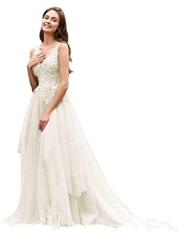 Women's V Neck Lace Appliques Ball Gown Tulle Evening Formal Prom Dresses