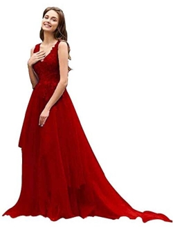 Women's V Neck Lace Appliques Ball Gown Tulle Evening Formal Prom Dresses