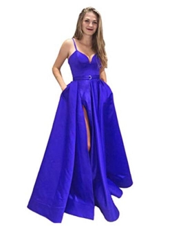 Women's Spaghetti Strap Satin Prom Dress Side Slit Evening Gowns with Pockets