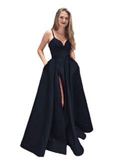 Women's Spaghetti Strap Satin Prom Dress Side Slit Evening Gowns with Pockets