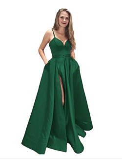 Women's Spaghetti Strap Satin Prom Dress Side Slit Evening Gowns with Pockets