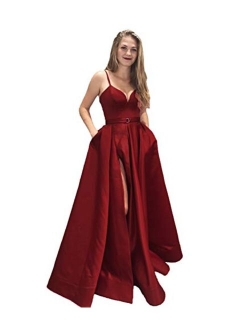 Women's Spaghetti Strap Satin Prom Dress Side Slit Evening Gowns with Pockets