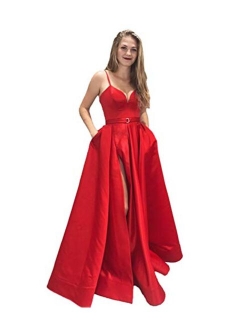 Women's Spaghetti Strap Satin Prom Dress Side Slit Evening Gowns with Pockets