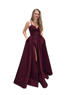 Women's Spaghetti Strap Satin Prom Dress Side Slit Evening Gowns with Pockets