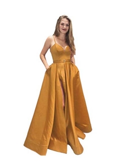 Women's Spaghetti Strap Satin Prom Dress Side Slit Evening Gowns with Pockets