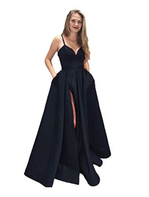 Gricharim Women's Spaghetti Strap Satin Prom Dress Side Slit Evening Gowns with Pockets