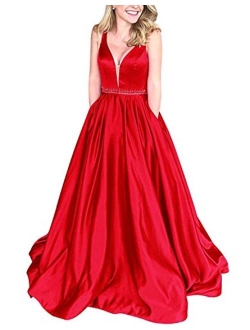 Women's V Neck Satin Prom Dresses with Beaded Belt Long Evening Gowns