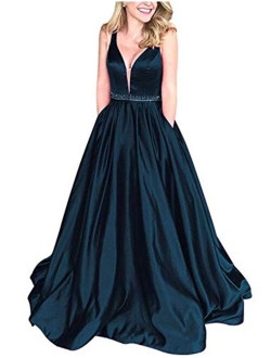 Women's V Neck Satin Prom Dresses with Beaded Belt Long Evening Gowns