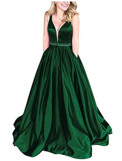 Women's V Neck Satin Prom Dresses with Beaded Belt Long Evening Gowns